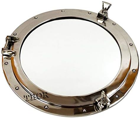 THOR INSTRUMENTS Espejo de pared náutico de ojo de buey de metal plateado, decoración para el baño y el hogar, 24 pulgadas, rústico, vintage,