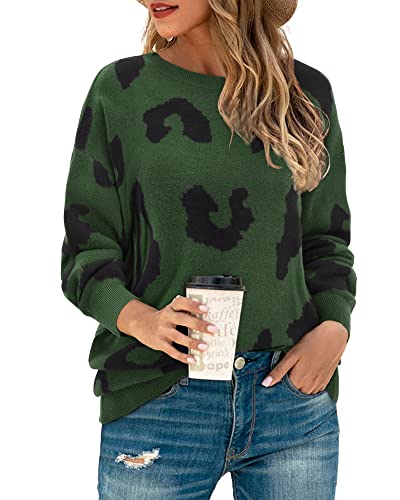 LAISHEN Women's Sweaters Fall Fashion 2025 Leopard Long Sleeve Tops Casual Crew Neck Knit Chunky Sweater Pullover Dark Green