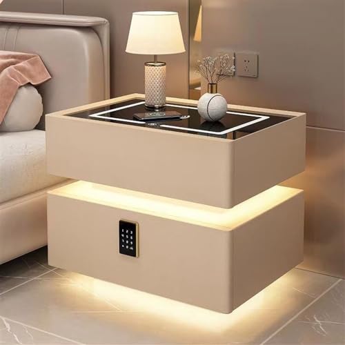 Table de chevet intelligente kaki 2 tiroirs avec lampe LED et code