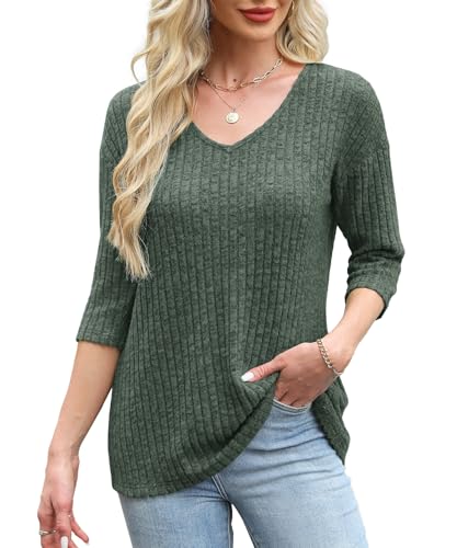 JomeDesign Womens Sweaters V Neck 3/4 Sleeve Shirts Dressy Casual Blouses Loose Fit Tunic Tops Fall Fashion3