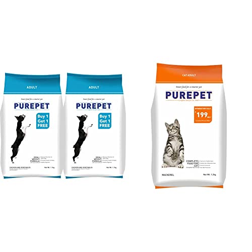 Image of Purepet Chicken & Veg Dry Adult Dog Food, 1.1kg, Buy 1-Get 1 Free & Mackerel Adult Cat Food, 1.2 Kg