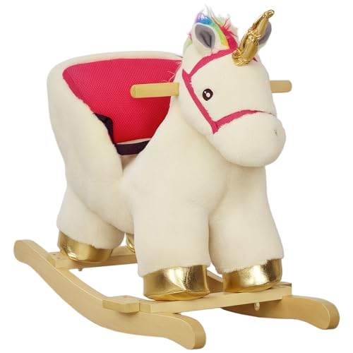 AIYAPLAY Caballo Balancín, Caballo Unicornio Balancín con Sonidos Realistas, Cinturón de Seguridad, Base de Madera, Peluche para Montar en Unicornio, para Edades 18-36 Meses, Blanco Crema