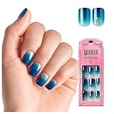 WICKED X imPRESS Press On Nails, ‘Welcome To Shiz’, Blue, Short Squoval, New Improved Adhesive, Up To 10 Day Hold, Includes 30 Fake Nails, 1 Prep Pad, 1 Manicure Stick, 1 Mini File