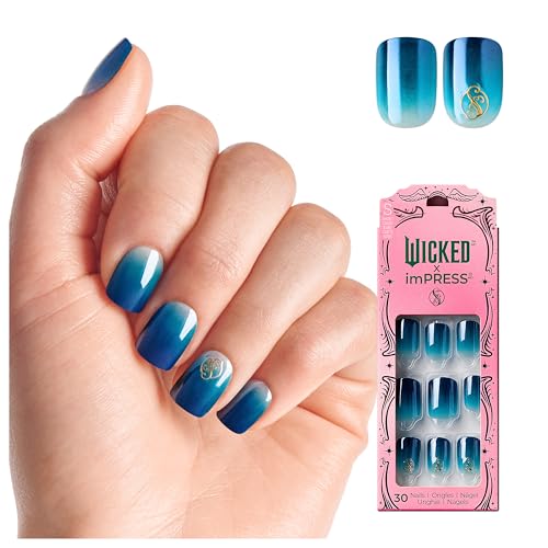 WICKED X imPRESS Press On Nails, ‘Welcome To Shiz’, Blue, Short Squoval, New Improved Adhesive, Up To 10 Day Hold, Includes 30 Fake Nails, 1 Prep Pad, 1 Manicure Stick, 1 Mini File
