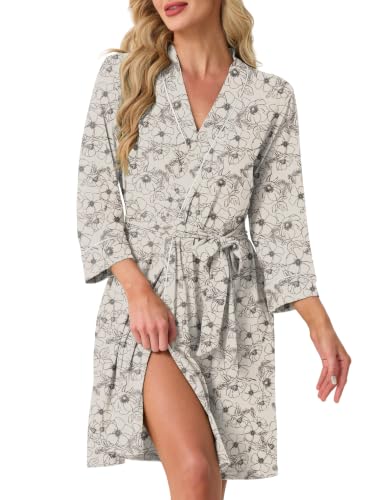 Image of PrinStory Womens Robe Knee Length Soft Knit Bathrobe S-2XL | V-Neck 3 /4 Sleeve Robes with Pockets, Lightweight, Breathable Bath Robe for Shower, Spa, Travel, Home, Party, Nursing