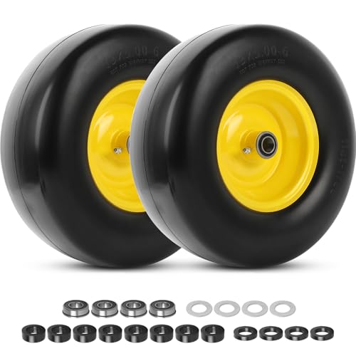 AR-PRO (2-Pack) 13x5.00-6 Flat Free Lawn Mower Tire and Wheel- Solid Smooth Tread Replacement Front Tire for Riding Zero Turn Mowers Garden Tractors 3/4 and 5/8 Bearings 3.25-5.9 Centered Hub