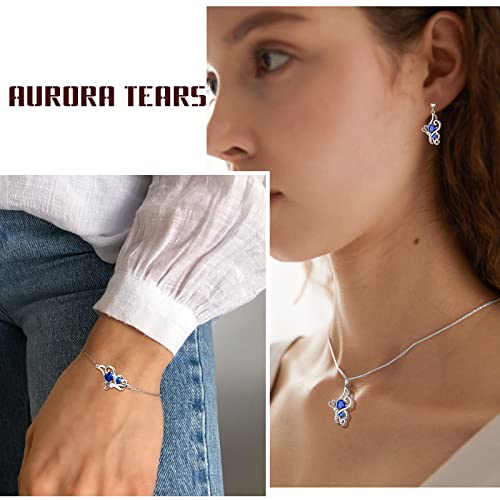 Blue Butterfly Heart Jewellery Sets Women 925 Sterling Silver Animal Butterflies September Created Sapphire Birthstone Sapphire Necklace/Earring/Bracelet Set Crystal Wedding Birthday Jewelry Ds0100S #TOP4