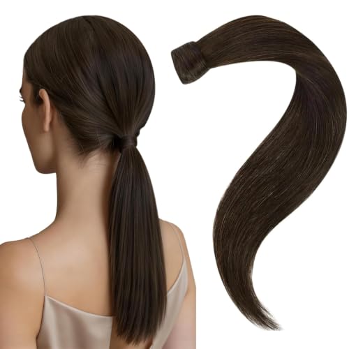 Image of Easyouth Pony Tail Extensions Dark Brown, 20 Inch 80G Ponytail Extension Human Hair, Brown Real Hair Ponytail Extension, Natural Wrap around Ponytail Hair Soft Straight for Women Party Wear