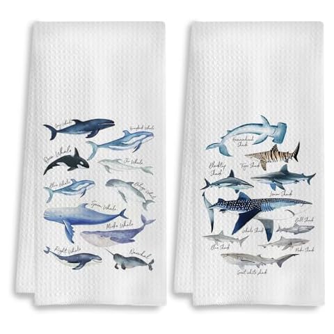 COWEB Whale Decor Towels Set of 2, Species of Whales Decorative Hand Towels for Bathroom, Ocean Bathroom Decor, Coastal Beach Kitchen Towels, Beach House Decor Dish Towels for Kitchen, 16x24 Inches Cover