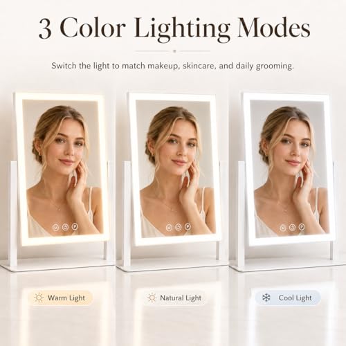 Image of ROLOVE 16 inchx13 inch Vanity Mirror with Lights, Three Colors Lighting Mode, 360Rotation, Lighted Makeup Mirror wih Stand for Desk, Bedroom, Dorm, Gifts for Women