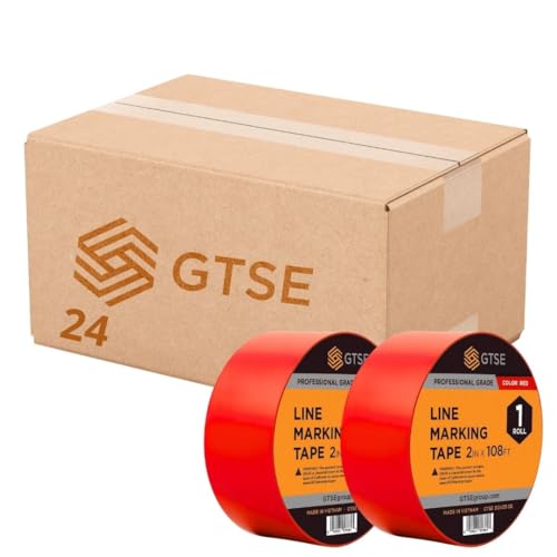 Image of GTSE 2 inch x 108 ft Red PVC Vinyl Floor Tape, 24 Rolls, Safety Marking Tape, 6 mil Thick, Suitable for Dance Floors, Gyms, Warehouses, Sports Facilities