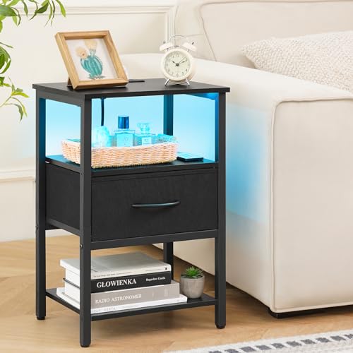 Image of Yoobure Side Table with Storage, LED Night Stand with Charging Station, End Tables Living Room, Nightstand for Bedroom with Adjustable Fabric Drawer, 3-Tier Wood Bedside Table, Black