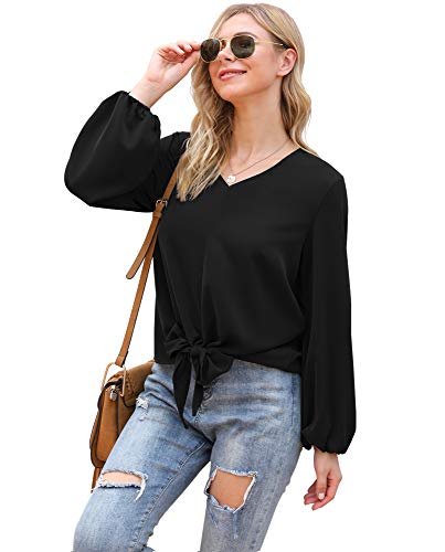 VIISHOW Womens Tie Front Knot Lartern Sleeve Loose Fit V Neck Floral Blouses Chiffon Tops Shirts2