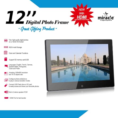 Image of Miracle Digital 12-inch HDMI Hi-Def Digital Photo Frame with Mirror Glass Finish, 8GB Built-in Memory, 2GB RAM, USB /SD Card Support, Remote Control, Stereo Speakers, and Video /Photo Slide Show