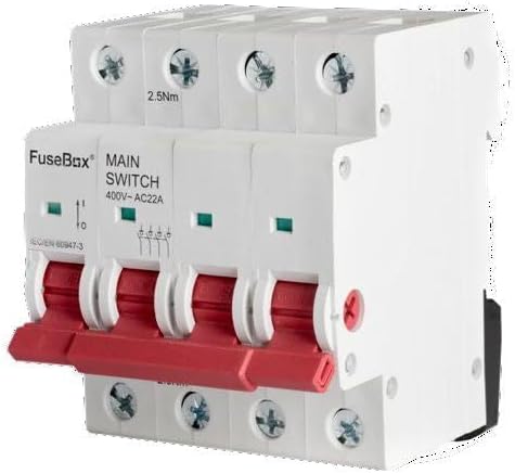IT1254 Main Switch FuseBox, 125A, 4 Pole, Surface Mount, Circuit Breaker with Quick ON/OFF Functionality, White and Red, 10.3x18x27cm