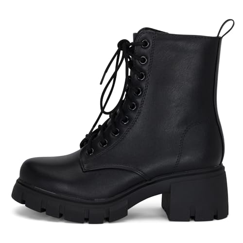 STYLISH S TAMMY ~ Women's Lace-up Chuncky Lug Sole Platform Low Heel Combat Ankle Boots with Side Zipper2