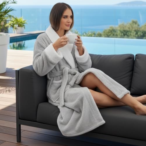 LEBENGOOD Bata Mujer Invierno - Albornoz Mujer Forro Polar, Batas de Casa Señora, Coralina, Acogedora, Microfibra OEKO-TEX®(S,Perla) - imagen 6