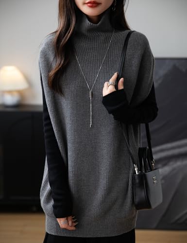 Women's Merino Wool Blend Oversized Sweater Vest 2025 Fall Winter Loose Turtleneck Sleeveless Knit Pullover Sweater4