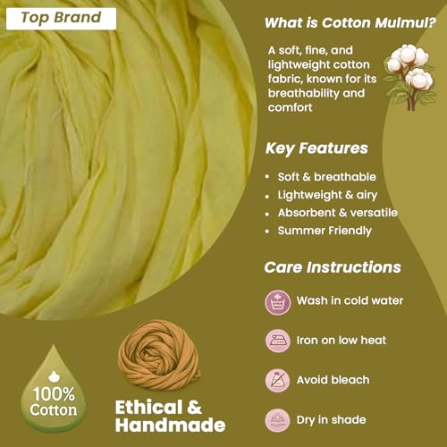 Image of 100% Pure Cotton Mulmul Fabric Material | Reusable Ultra Fine Mulmul Fabric | Lightweight Soft Smooth Piece Linning, Stole, Dupatta, Cushion Pillow Cover (Charlok Yellow, 2.5 Meters)