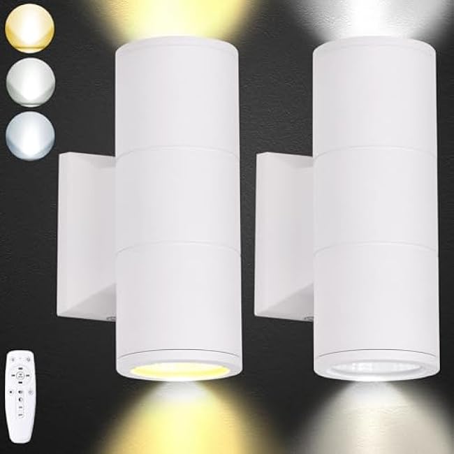 3-Color 15W LED Up Down Wall Light,110V~260V Bright LED Wall Sconces with Remtoe for Living Room,Hallway Corridor,Exterior Front Door Porch 2700K~6500K, 1500lm White 2 Pack