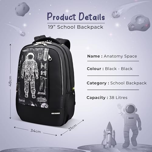 Image of Gear Anatomy Space 19 inch /38L Large Water Resistant School Bag | Casual Backpack | Daypack | Travel Backpack | Kids Bag for Boys /Girls (Black - Black)