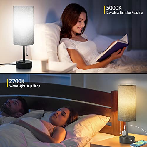 Bedside Table Lamps For Bedroom Nightstand Set 2 With Usb Port & Outlet, Pull Chain Small Table Lamps With 3 Color Temperatures For Kids Bedroom Guestroom Livingroom Dorm, Grey #TOP7