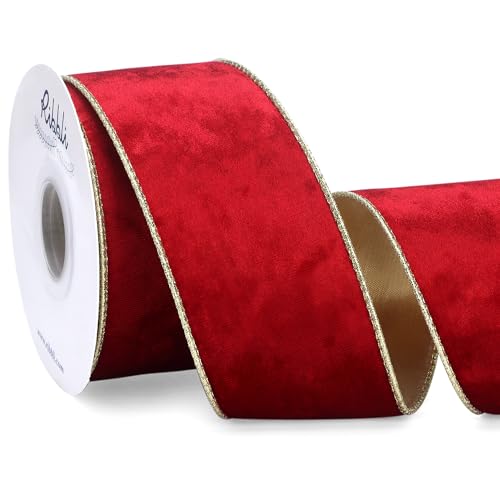 Image of Ribbli Red Velvet Wired Ribbon 2.5 Inch Metallic Red Gold Crushed Velvet Christmas Ribbon for Gift Wrapping Christmas Tree Decoration Crafts Wreaths Supplies-Continuous 10 Yards