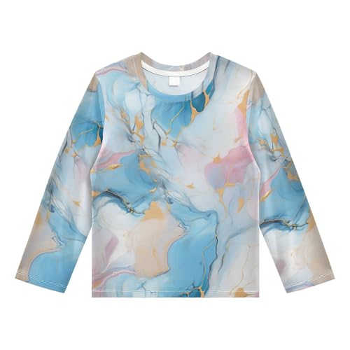 Pink Blue Marble Pattern Boys Rash Guard Swim Shirts Long Sleeve UPF 50+ Quick Dry Sun Protection Shirt Swimwear Surf Tops for Toddler Kid Girl Fishing Swimming Outdoor 7-8T