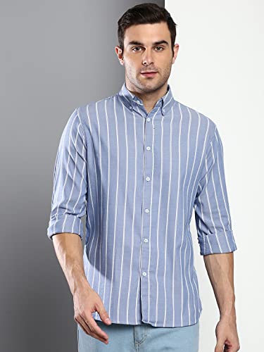 Image of Dennis Lingo Men's Striped Slim Fit Oxford Cotton Casual Shirt with Button Down Collar & Full Sleeves