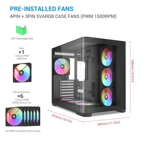 Image of SAMA V60 Mid Tower PC Case, Curved Tempered Glass Panel, 7x120mm ARGB PWM Fans with Fan Hub, USB Type-C, High Airflow ATX PC Case for Case PC Gaming, Back-Connect Ready, 360mm AIO Support - Black