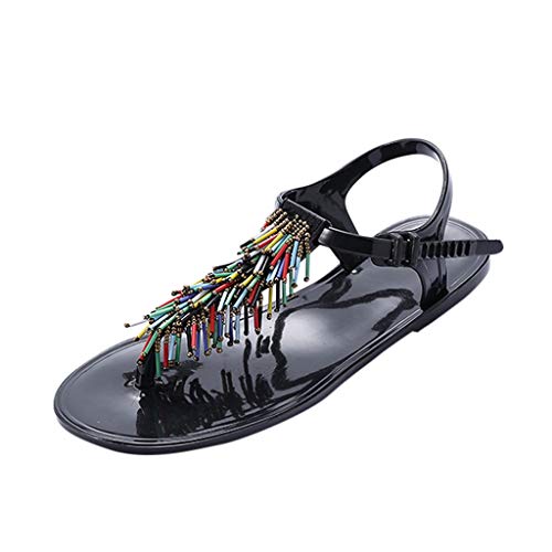 BOLUBILUY Strappy String Thong Ankle Strap Summer Sandals,Modern Beaded Buckle Tassel Open Toe
