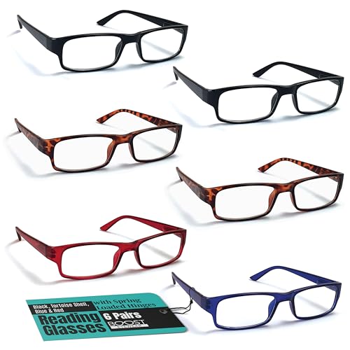 6 pack reading glasses by boost eyewear traditional frames in assorted colors for men and women with spring loaded hinges
