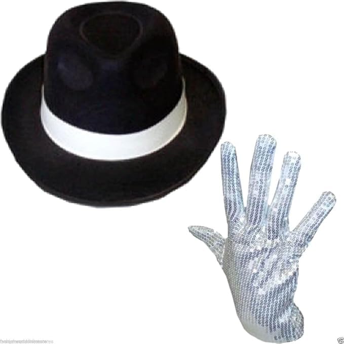ANZEE Jackson Hat Sequin Glove Sunglasses & Bow Tie Set Pop Star & Gangster Cosplay Fancy Dress Party Costume Accessories (Black Hat+Gloves)