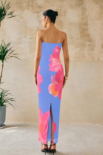 Image of PRETTYGARDEN Women Summer Strapless Maxi Dress Bodycon Floral Sexy Long Wedding Guest Dress Formal Tube Mesh Cocktail Dresses