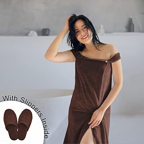 Image of Sassoon Venir Microfiber Bath Wrap Towel with Slippers for Women (Pack of 1) - Cocoa Color
