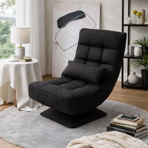 Image of Modern Single Seater Lounge Chair with Thick Cushioned Seat & Backrest | Soft Fabric Upholstery | Comfortable Accent Recliner Style Chair for Living Room & Bedroom, Color: Black