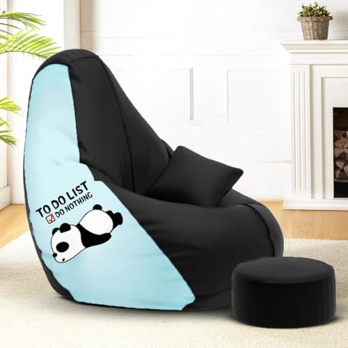 Image of Amazon Brand - Solimo 4XL Premium Faux Leather Bean Bag Combo with Footrest & Cushion, Filled with Beans | Capacity: Upto 6 Ft 5 in Height, 125 KG Weight | to Do List | Black