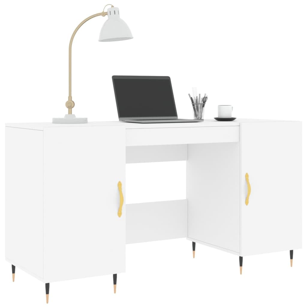 Biurko białe 140 x 50 x 75 cm, materiał drewnopochodny z 4 półkami, żelazne nóżki, aluminiowe uchwyty, kompaktowy stół roboczy do domowego biura, gabinetu, stabilne meble biurowe