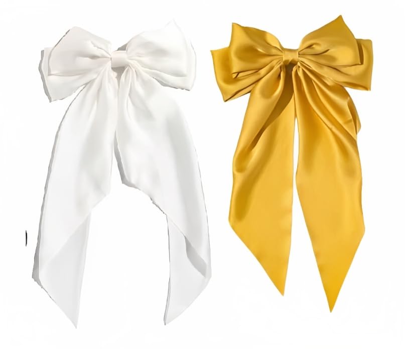 Image of FilterFashion Big Satin Layered Hair Bows for Women Girls 11.5 Inch Barrette Hair Clip Long Back Ribbon Bows French Style Hair Accessories (Yellow,White)