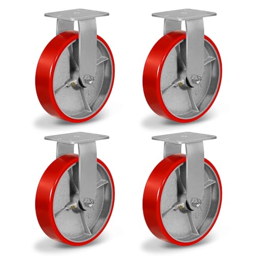 Heavy Duty Casters, 8"X 2" Industrial Rigid Caster Wheels with 6000lbs Total Capacity, Plate Casters Set of 4 Polyurethane Wheels for Platform Truck Dolly Cart(4 Rigid)