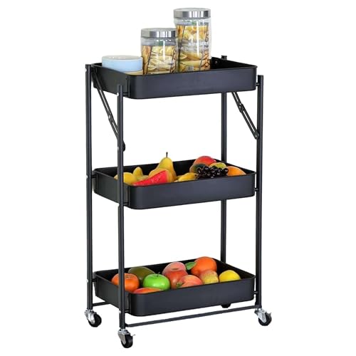 Miroytengo Carrito Auxiliar Frutero de Cocina Plegable Lida Roble Cambrian Negro con 3 Baldas y 3 Cestos Metal 45x77x29 cm