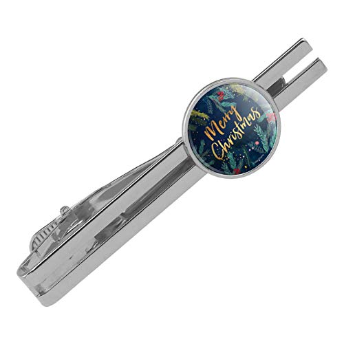 GRAPHICS & MORE Merry Christmas Stars Pine Needles Round Tie Bar Clip Clasp Tack Silver Color Plated
