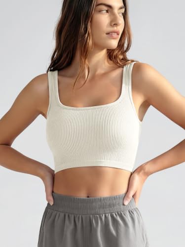 Image of ODODOS 3-Pack Seamless Square Neck Crop Tank for Women Ribbed Knit Soft Low Back Cropped Tops
