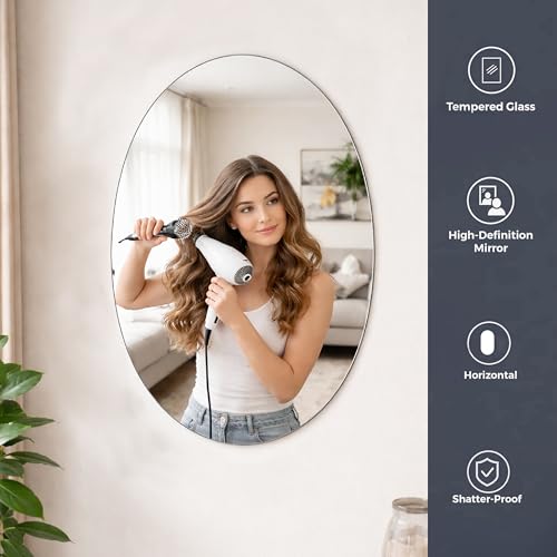 Image of Rousrie Frameless Wall Mirror for Bathroom, Glass, Modern, Clear, Rectangle, 60 x 45 Centimeters, Wall Mount (1, Oval)