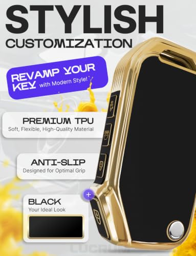 Image of Lucrum Key Fob Cover for Kia, TPU KeyFob Case & Leather Keychain | Fits ONLY FLIP Cadenza Forte K5 Niro Seltos Sorento Soul Sportage, 4 Button Keyfob Case (2018-2025) - Black and Gold