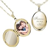 PicturesOnGold.com Yellow Gold Filled Oval Forever in My Heart Locket Necklace with 18-Inch Chain. Customizable with Engraving and Holds 2 Photos.