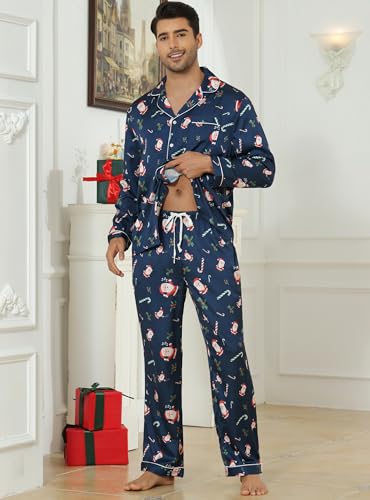 Image of Veseacky Mens Silk Satin Pajamas Set Short Sleeve Sleepwear Button-Down Pjs Sets Two-Pieces Loungewear with Pockets S-XXL