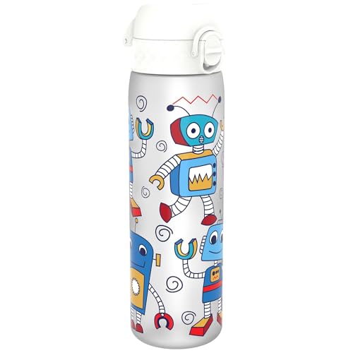 Ion8 Water Bottle, 500ml/18oz, Slim Leak Proof & BPA-Free Drinking Bottle, Secure Lock Prevents Spills, Dishwasher Safe, Carry Handle, Ideal for Adults & Kids - Travel, Gym & School, White, Robots