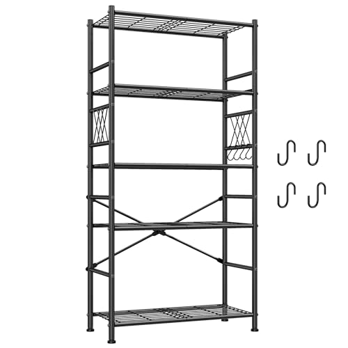 Image of DurayLoly 5-Tier Storage Shelves with Hooks, Metal Shelving Units Shelf Organizer, Wobble-Free Wire Shelving with Adjustable Leveling Feet for Kitchen Pantry Laundry Bathroom Dorm,12 inchD x 30 inchW x 72 inchH