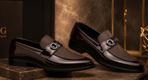 Image of Men's Formal Dual-Texture Loafer, Slip-On Dress Shoe, Patent and Matte Finish, Metallic Bit Detail, for Black-Tie Events and Festive Occasions